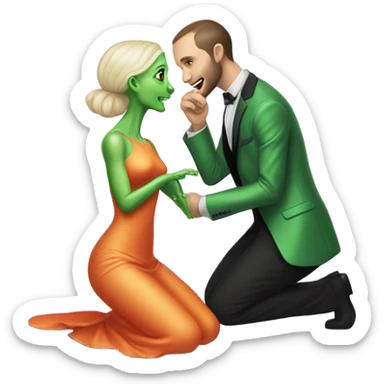 alien reptilian green skin woman,long slim pastel orange formal party satin dress with gradient shiny sparkling dark red, and caucasian man in black dres on his knees asks her to marry her sticker