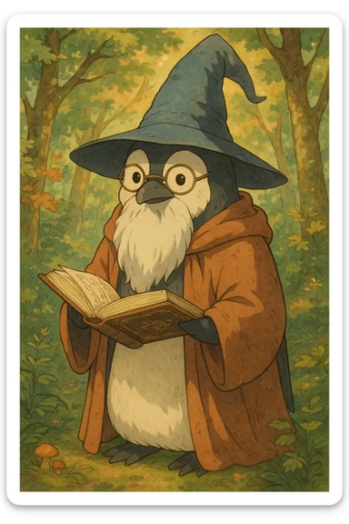a wise penguin wizard with glasses, a long beard, and a book of spells, in a charming illustrated style sticker