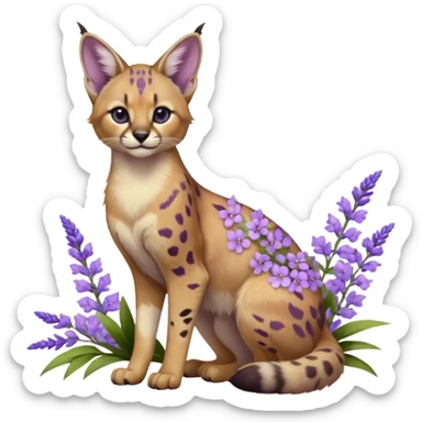 Realistic wild real life cute cool beautiful gorgeous floral pastel-lilac-violet-lavender caracal-serval-civet-genet-hybrid-animal-Fakémon-fursona photo IRL outside (full body) sticker