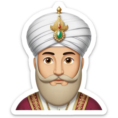 ​Cinematic Realistic Portrait of Suleiman the Magnificent, depicted as a regal Ottoman sultan adorned with a large, white, round, tall turban and a majesti beard, his commanding gaze bathed in warm, historic lighting that exudes timeless authority and grandeur, sticker