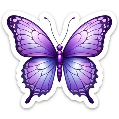 "A majestic butterfly in shades of purple, with intricately detailed wings featuring a mesmerizing pattern resembling delicate lace. The wings shimmer with an iridescent glow, reflecting hues of amethyst and lilac. The butterfly hovers gently above a field of blooming lavender, surrounded by tiny dewdrops glistening in the morning sunlight. A soft-focus background creates a dreamy atmosphere, emphasizing the elegance and ethereal quality of the butterfly."
 sticker