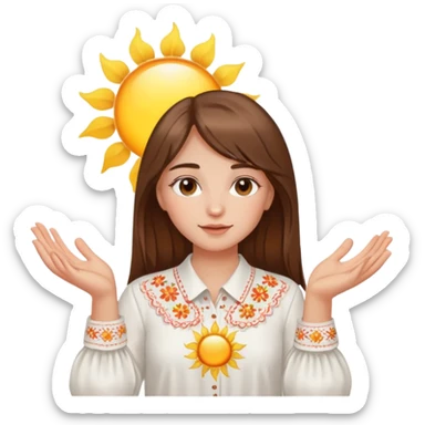 A young Ukrainian girl with brown hair wearing a white embroidered shirt holds the sun in her hands sticker