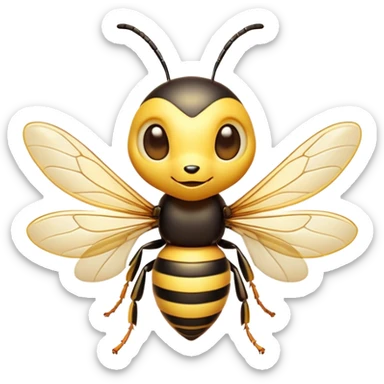 Cinematic Cute Wasp Portrait Emoji, Head tilted playfully and inquisitively, featuring a compact, delicately striped body with softened, endearing eyes and petite, translucent wings, Simplified yet irresistibly adorable features, highly detailed, glowing with a warm, inviting glow, high shine, affectionate and lively, stylized with a touch of whimsical insect charm, soft glowing outline, capturing the essence of a mischievous wasp that seems as if it could buzz out of the screen with a playful wink! sticker