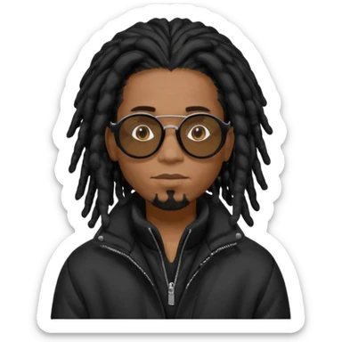African American man brown skin complexion with black dreadlocks shoulder length wearing black bubble winter coat wearing black sunglasses with hand over face sticker