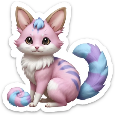 Realistic cute cotton-candy mist pink-blue-lilac fur whipped into cloud-soft spirals beautiful elegant pretty precious cute  Fakémon-Pokémon-opossum-feline-serval-caracal-chinchilla-Furret-Minccino-hybrid-creature with a big fluffy bushy tail (full body) sticker