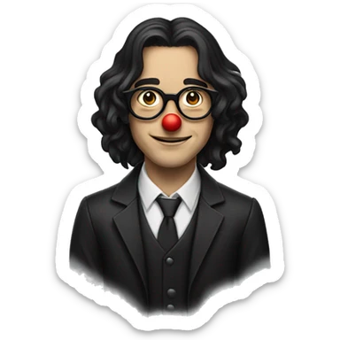 A white boy with black long hair, thin round glasses. He's wearing a clown costume sticker