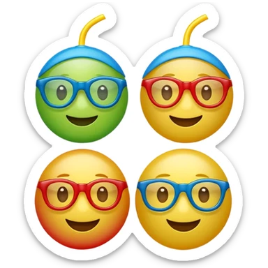 Cute 3D cartoon emoji sticker of a plastic glasses and ball game with three glossy 3 plastic glasses (blue, green, red) and a yellow ball, soft lighting, smooth shadows, playful, white sticker outline, transparent background, high resolution. sticker