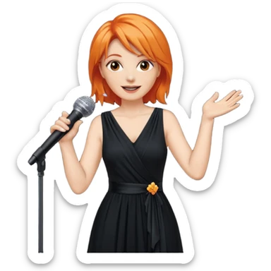 singer, Middle age, orange hair, happy, holding mic, wearing dress sticker