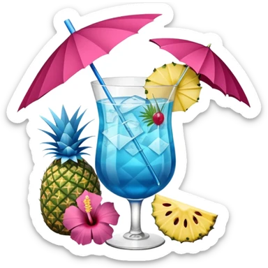 vibrant tropical fruity blue cocktail with hibiscus, pineapple slice, and paper umbrella garnish sticker