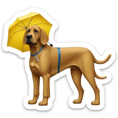 Full body blue and yellow bloodhound-wearing bifocals in the rain with an umbrella while shivering. sticker