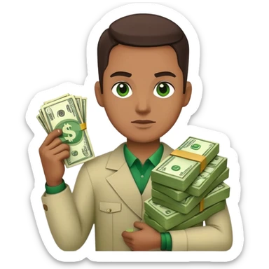 trader making a risky bet with dollar signs, color #0BD794 sticker