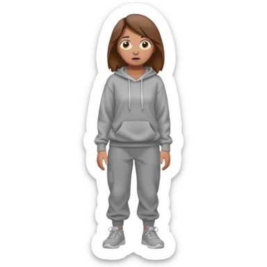 Chica grande  asustada de cuerpo completo mirado a la izquierda con pelo castaño pantalones baggy  grises y hoodie gris  sticker