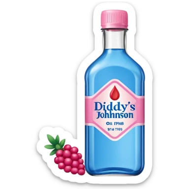 bottle of oil blue top pink outside with logo that says Diddys Oil Johnson and Johnson bottle with a berry on top sticker