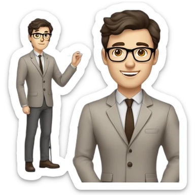 Pale skinned fit man with dark brown hair in gray jacket, beige office shirt, brown tie, brown pants and vintage glasses Writing on the flipchart sticker