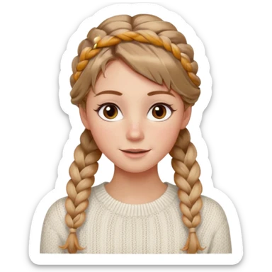 light brown hair blonde hair hazel eyes woman with a white cable knit sweater thatand one braid down her back  with tendrils of hair flowing down her face and she is happy pale, some freckles, blush. she has a cateye wing and long lashes sticker