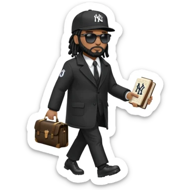 African American man with shoulder length black dreadlocks with black beard wearing black sunglasses wearing a black bubble winter coat wearing a black New York Yankees logo baseball cap wearing a suit and tie walking with a Bible sticker