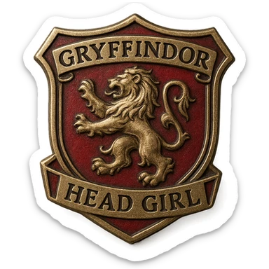 realistic metallic badge for Gryffindor head girl, with lion symbol, 'Head Girl' engraved, red and gold accents, no people, collectible pin style sticker