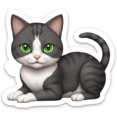 beautiful female solid dark grey cat with green eyes, white toes/paws and white patch on her chest rolling over sticker