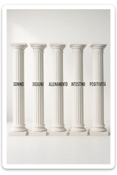 5 pilastri con le scritte "SONNO", "DIGIUNO", "ALLENAMENTO", "INTESTINO", "POSITIVITà" IMMAGINE IPERREALISTICA SFONDO CHIARO IN ITALIANO sticker