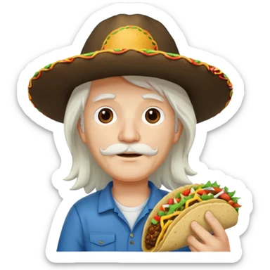 man holding taco with long white hair and cap sticker