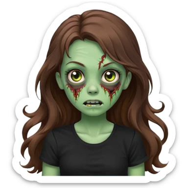 crie uma garotazoombie cabelo ondulado 2c longo castanho castanho comprido e blusa básica preta sem nada com pele esverdeada com rosto fofo  sticker