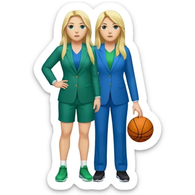 Full Body white plus size female basketball head coach with long blonde hair in a blue and green suit sticker