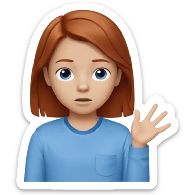 shrugging emoji tween auburn hair light blue shirt with a darker blue L sticker
