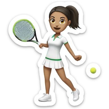 White skinned woman dark hair straight in ponytail hitting tennis ball sticker