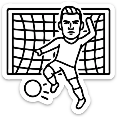 Transform the soccer player into Cristiano Ronaldo, emphasizing his facial features and dramatic pose, keeping the bold outlines and net rippling. sticker