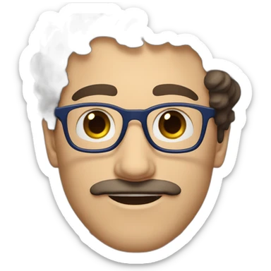 white man with short curly dark brown hair, blue small eyes, round eyeglasses and a brown mustache sticker