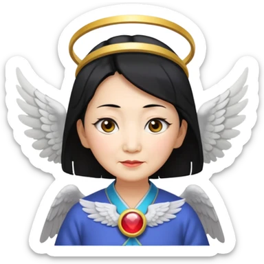 Angel Old Lady with wings black hair asian  smaller eyes w halo sticker