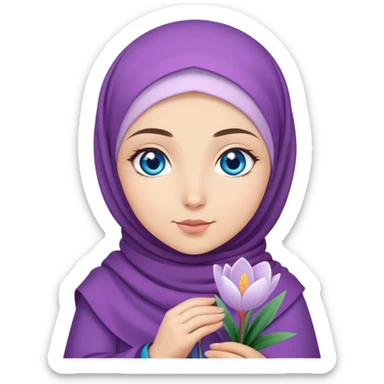 Turkish beautiful finish Konya girl blue eyes with crocus hijab and islamic dress and hold crocus flower on hand  sticker
