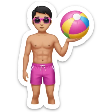 Hawaiian male with black hair with pink highlights and a swim short, with beach ball with sunglasses sticker