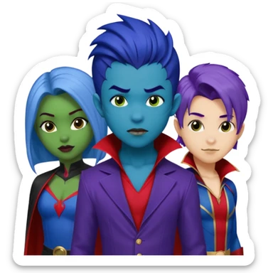 Solo poly platonic relationship, one African girl, one Asian boy, one biracial features Asian tomboy girl rat-tail hair long and upper masculine hair 90s, vampire and marvel cosplay elements inspired  use marvel race, like instead of obvious human, green purple blue etc,  sticker