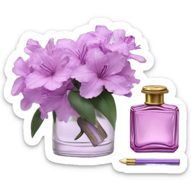 Aesthetic ensemble of soft purple azaleas alongside a charming vintage purple perfume bottle.
 sticker