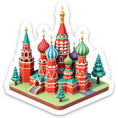 Isometric illustration of Moscow, featuring Saint Basil's Cathedral with its colorful onion domes, Red Square elements, and toy-like trees around, in miniature diorama style, soft shadows and pastel colors. sticker