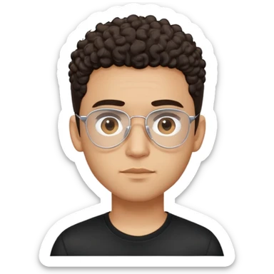 Latino man with light brown complexion, small face and prominent forehead, teardrop-shaped aviator glasses, totally shaved sides with very minimal dark curly hair only on top, gentle expression, simple black t-shirt sticker