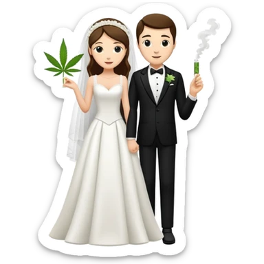 A bride in white wedding dress and groom in tuxedo, full body, sharing a cannabis joint, wedding couple sticker