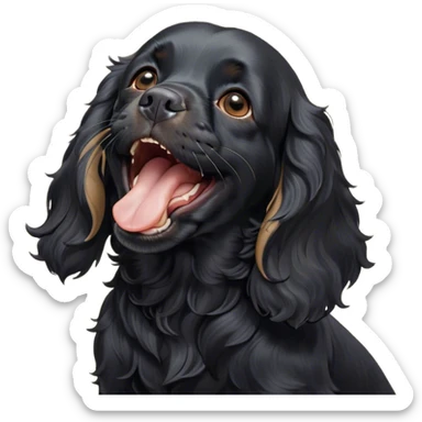 Cinematic Cute Yawning Black Cocker Spaniel Portrait Emoji, Head tilted slightly with a dramatic, wide-open yawn, showcasing a sleek black coat with subtle tan highlights, floppy ears slightly drooping, round dark eyes barely open in drowsy contentment, Simplified yet irresistibly adorable features, highly detailed, glowing with a soft, cozy glow, high shine, relaxed yet expressive, stylized with a touch of whimsy, bright and endearing, soft glowing outline, capturing the essence of a sleepy yet affectionate companion, so drowsy it feels like it could stretch out of the screen and curl up for a nap! sticker