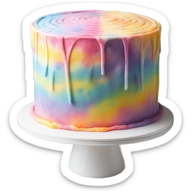 Realistic 5 layered pastel tie dye cake on cake stand with icing tool. sticker