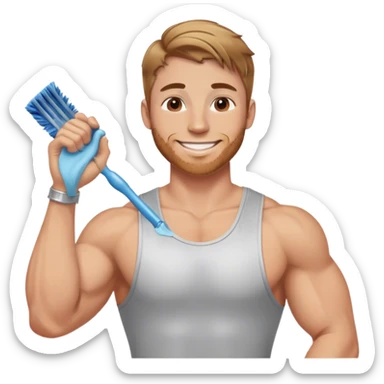 smiling muscular 28 year old man with silver jewelry, with light brown hair that has some blonde and red highlights, and a fauxhawk cleaning sticker