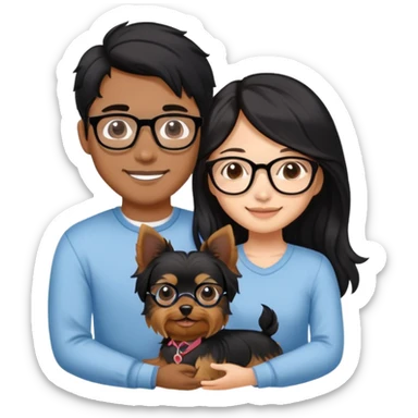 “An Asian girl with long, wavy black hair flowing freely stands beside her smiling boyfriend—a brown-skinned man with a middle part hairstyle and glasses. They are holding a small Yorkshire Terrier together.” sticker