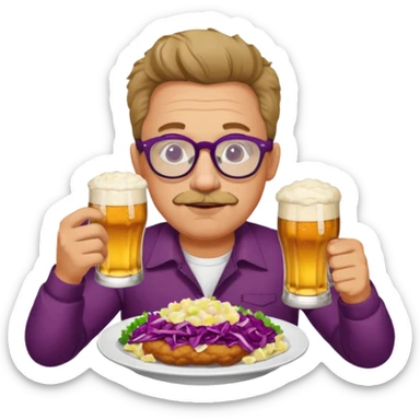 Man with wire framed glasses german eating schnitzel, red cabbage, sauerkraut, potato salad, and beer sticker