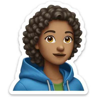 Brunette Girl wearing a blue hoodie curly hair sticker