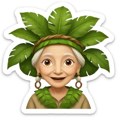a old woman with jungle wearing a large leaf headgear bye  sticker