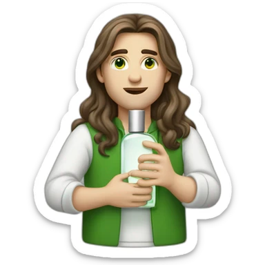 white skin men with long brunette hair and green eyes with a perfum bottle sticker