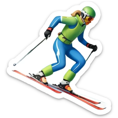 An icon featuring snowy peaks, pine trees, and a picturesque mountain landscape with a skier racing down a snow-covered slope. The sky is blue with soft clouds, capturing the thrill and beauty of alpine skiing. Transparent background highlights the excitement and serenity of winter sports. sticker