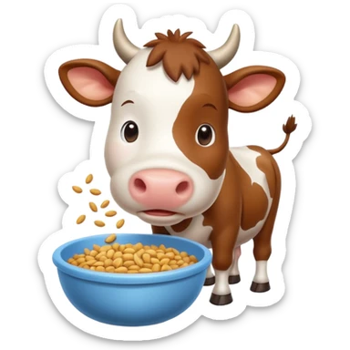 cute cow eating animal feed, hay and grains in a feeding bowl, 3D cartoon, mobile game icon style, clean background, no text, no watermark
 sticker