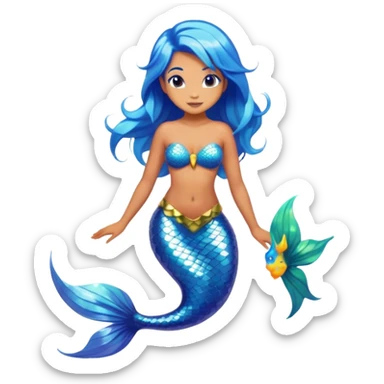 Cinematic Realistic Blue Hair Mermaid Portrait, depicted with lifelike, sun-kissed tanned skin that exudes a warm, radiant glow under gentle underwater lighting. Her intricately detailed, flowing blue hair cascades like a waterfall of ocean hues, framing deep, mesmerizing eyes that capture the vibrant spirit of the sea. Adorned with a shimmering tail and delicate tropical accents, the portrait features an enchanting underwater glow that blends realism with mythic coastal allure. sticker