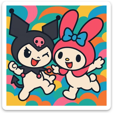Kuromi and My Melody together, anime style, vibrant colors, expressive faces, dynamic pose sticker